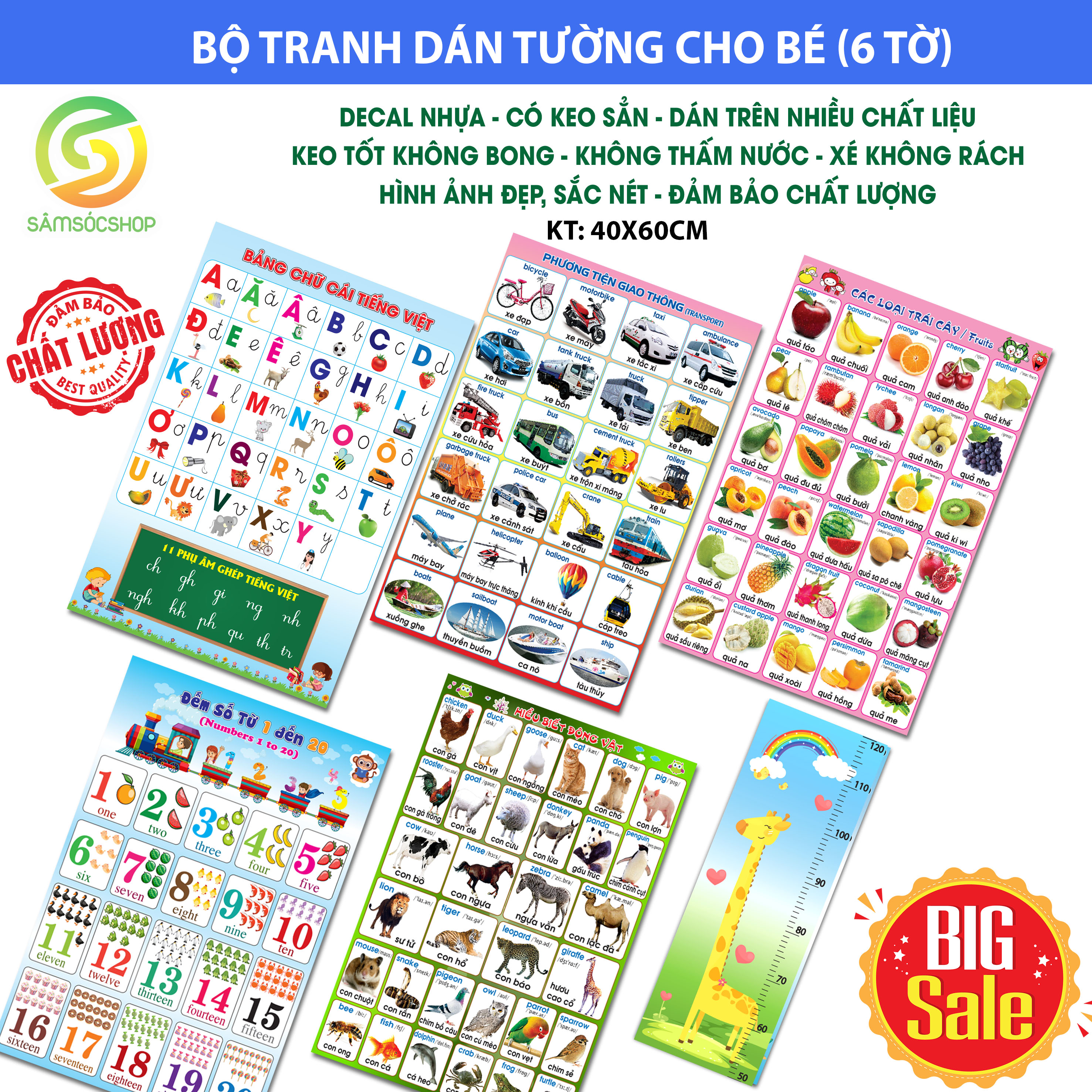 FREE SHIP MAX DECAL NHỰA DÁN TƯỜNG, TRANH GIÁO DỤC CHO BÉ (Bộ 6 tờ), chất liệu decal, có keo sẵn