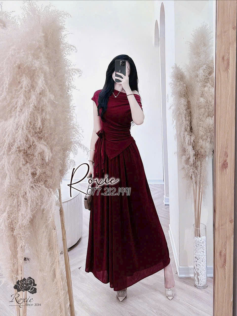  Set váy thun ướt áo cổ lệch mặc được hai kiểu vạt nhọn nhún eo chân váy maxi xoè mặc đi tiệc đi chơi 