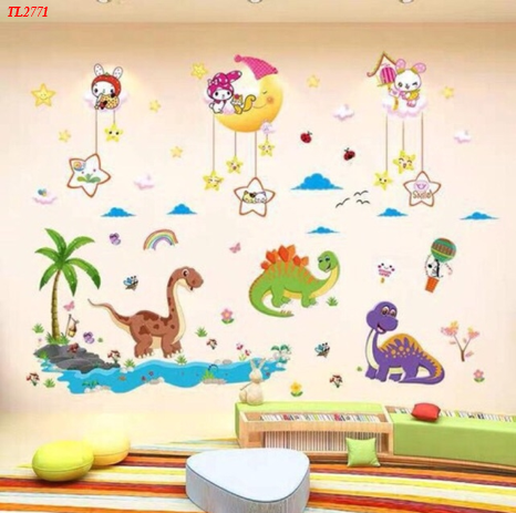 Decal dán tường trang trí trẻ em: Combo khủng long dưới trăng sao