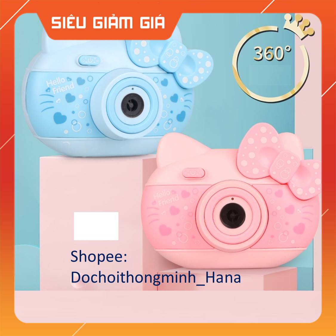 Phun bong bóng camera Hello Kitty Đồ Chơi Phun bong bóng tự động có nhạc hình mèo Hello Kitty cute.