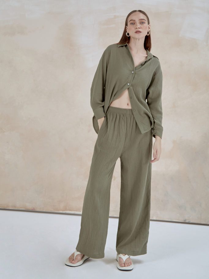 COCO SIN - Quần Xanh Oliu Dài Ống Rộng