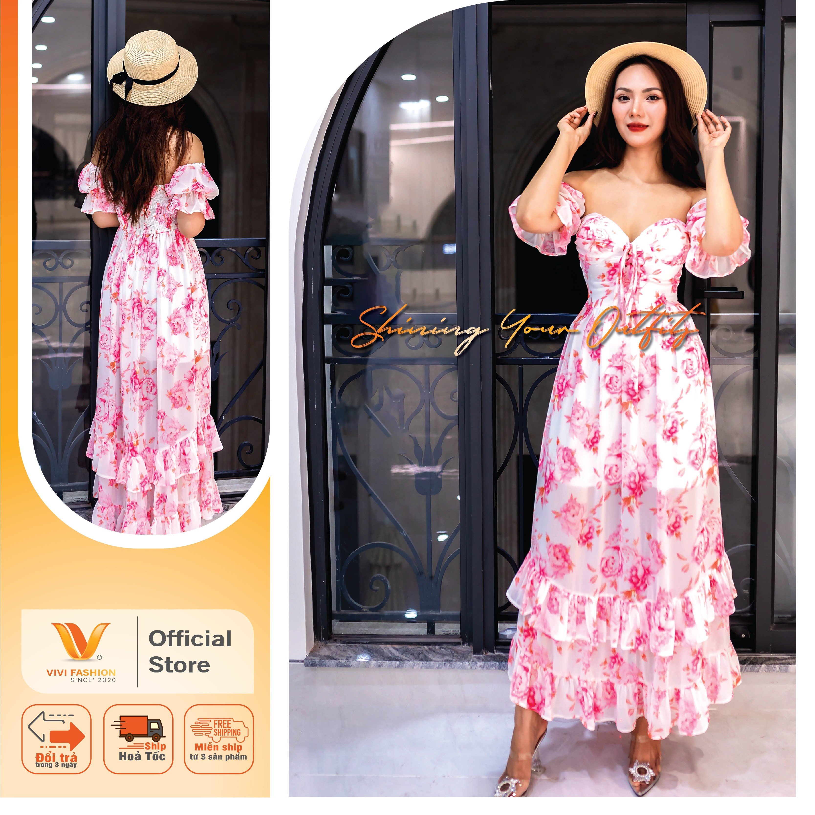 Đầm maxi hồng trễ vai, maxi voan hoa đi du lịch, đi biển