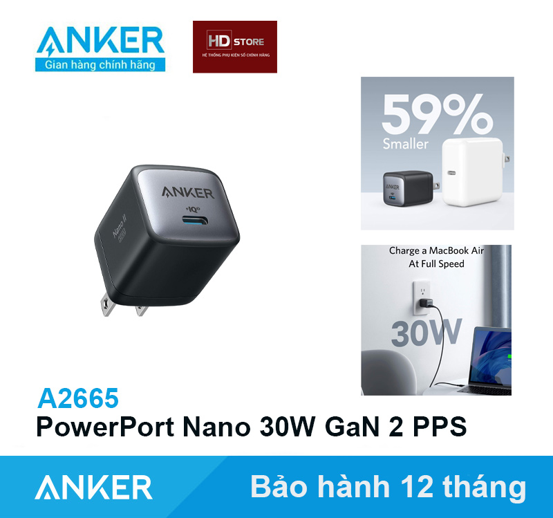 Củ sạc Anker 30W PowerPort Nano II GaN 2 PPS - A2665 Sạc nhanh Iphone 11 12 13 14 Pro Max Siêu nhanh Samsung 25W PPS