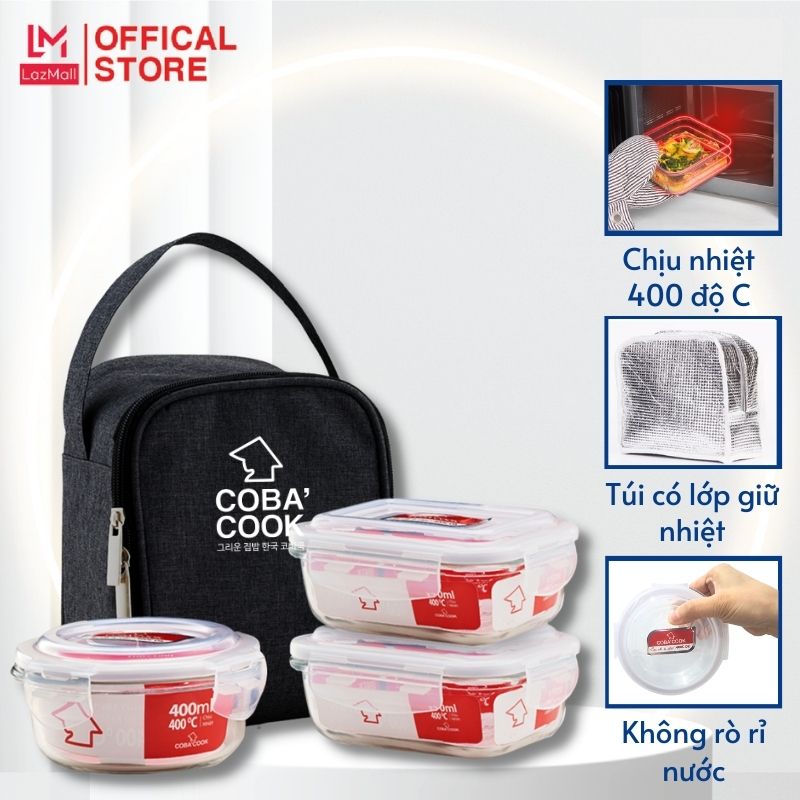 Bộ 3 hộp đựng cơm 2 hộp chữ nhật 370ml và 1 tròn 400ml kèm túi giữ nhiệt hộp thủy tinh chịu nhiệt giữ nhiệt-CCR4L33BS