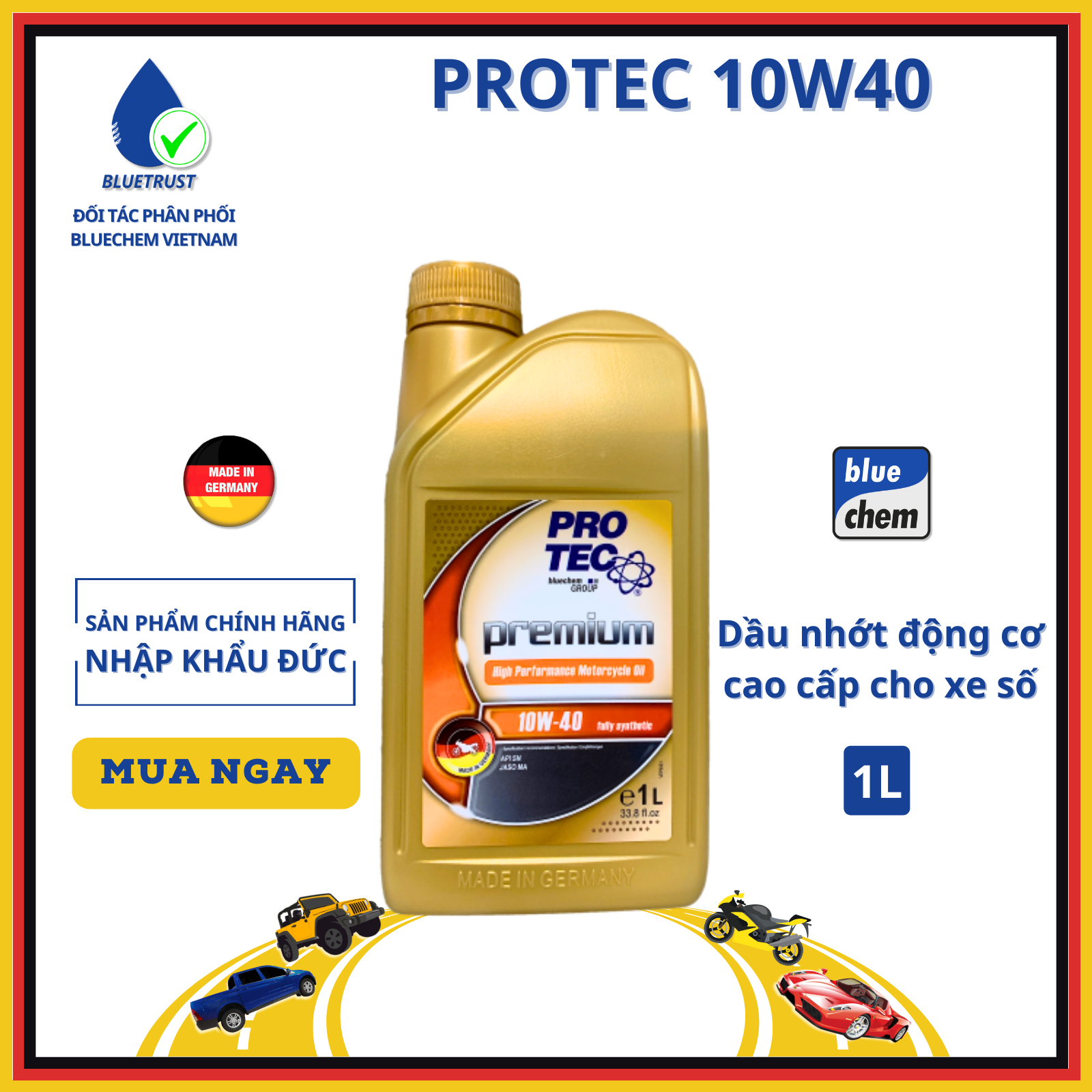 Dầu nhớt tổng hợp toàn phần xe máy, pkl bluechem protec 10w40, api sn, jaso ma - 1 lít