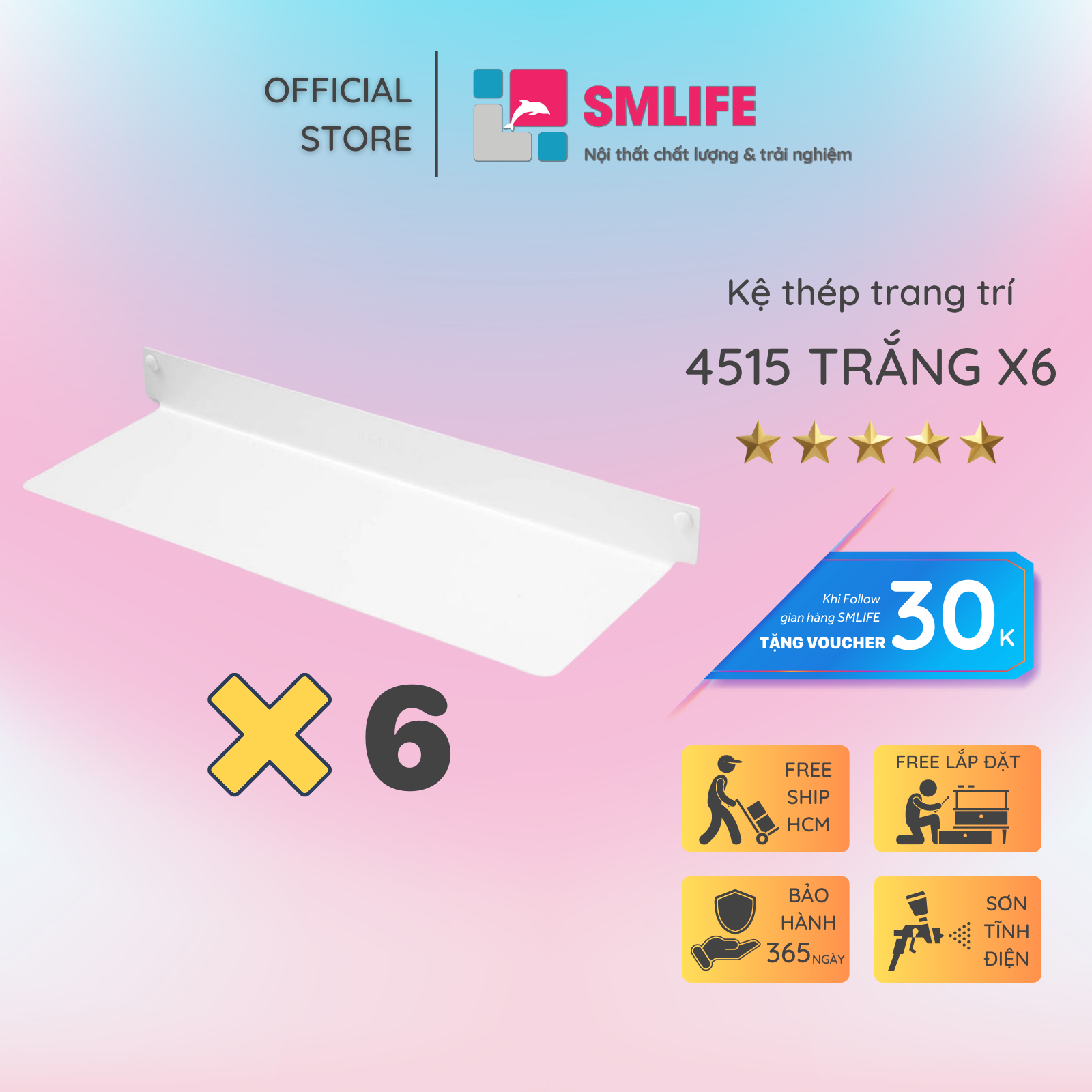 Kệ trang trí treo tường 4515 (Set 6) - Kệ treo tường bằng thép dày 1,6mm - Sơn tĩnh điện màu Trắng/ Đen hiện đại - Tặng kèm bộ ốc vít và đầu bịt ốc