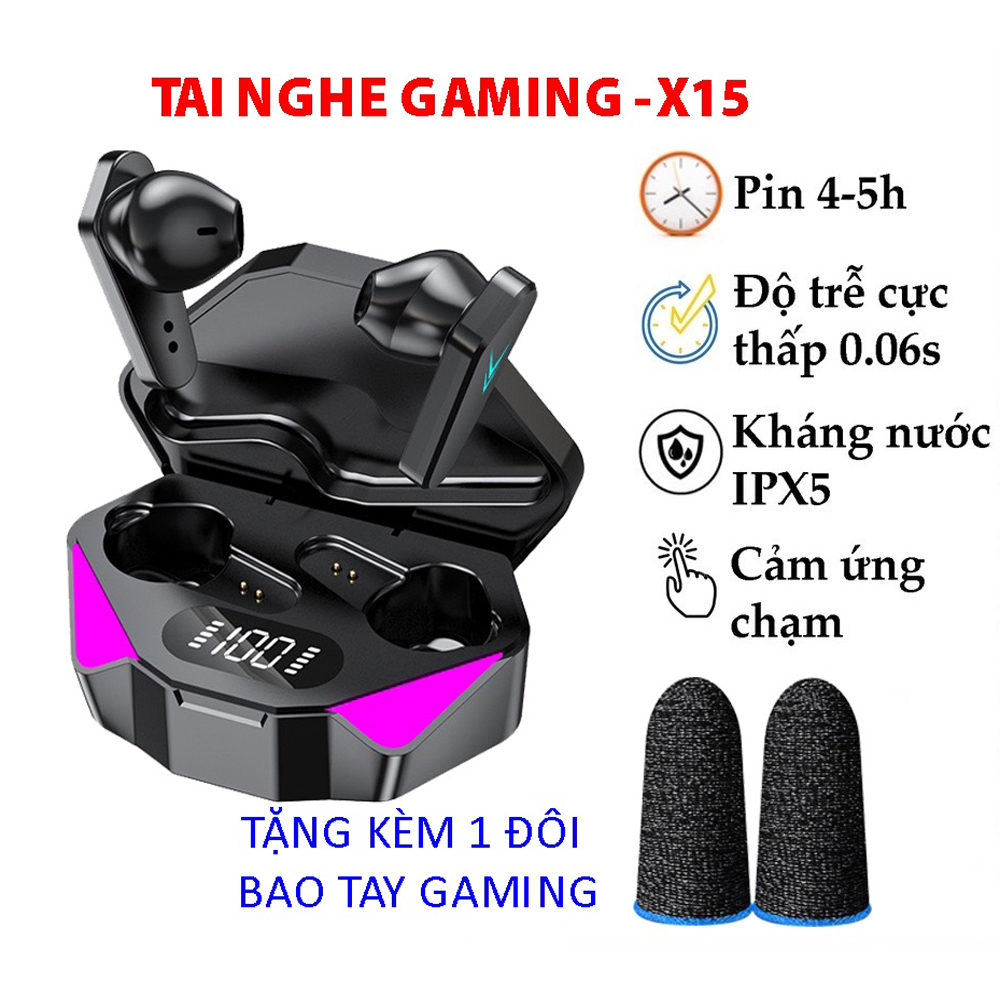 Tai nghe gaming x15 tai nghe bluetooth chơi game tws công nghệ bluetooth 5.1, chống ồn, độ trễ cực thấp, đèn led đổi màu siêu ngầu, cảm biến chậm