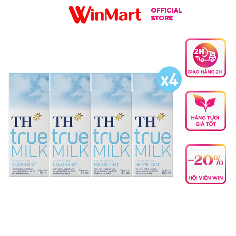 [Siêu thị WinMart] - Lốc 4 hộp sữa tươi tiệt trùng TH True Milk nguyên chất 180ml