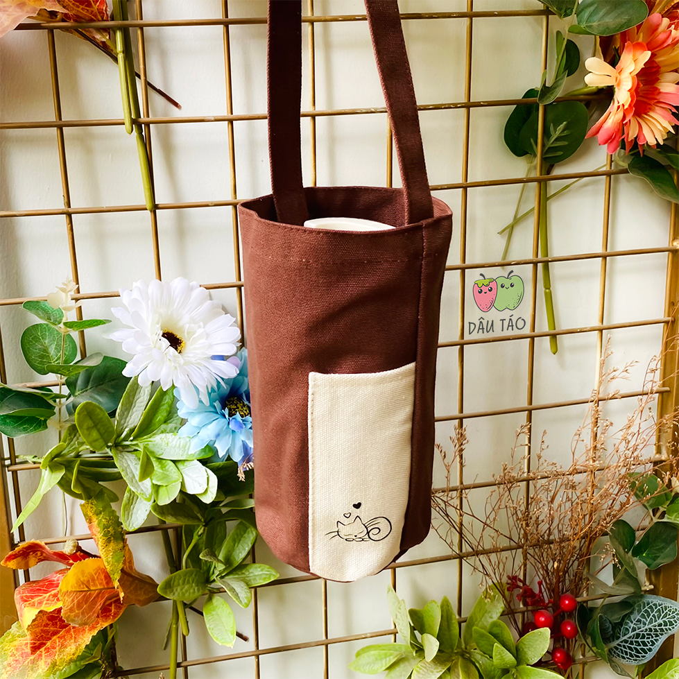 Túi đựng bình giữ nhiệt hình mèo cute, túi vải canvas đựng ly giữ nhiệt size 700ml 450ml 500ml 510ml 600ml Americano Highland Starbuck màu sắc vintage