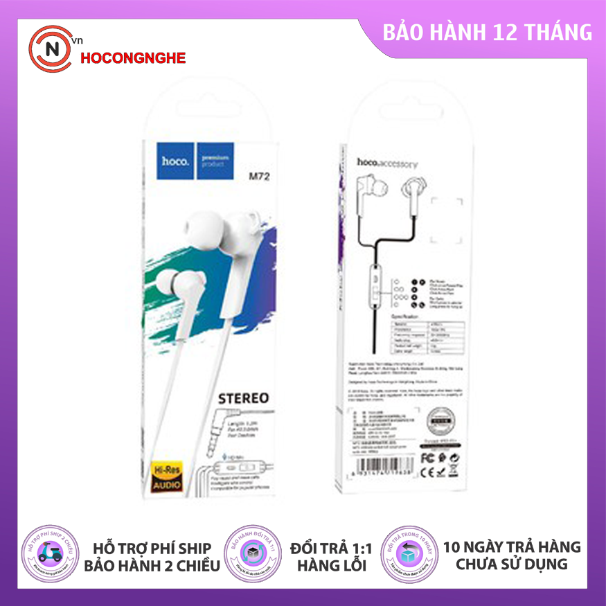 🌟chính hãng🌟 tai nghe dây hoco m72 âm thanh hay, đầu chữ l tránh đứt gãy