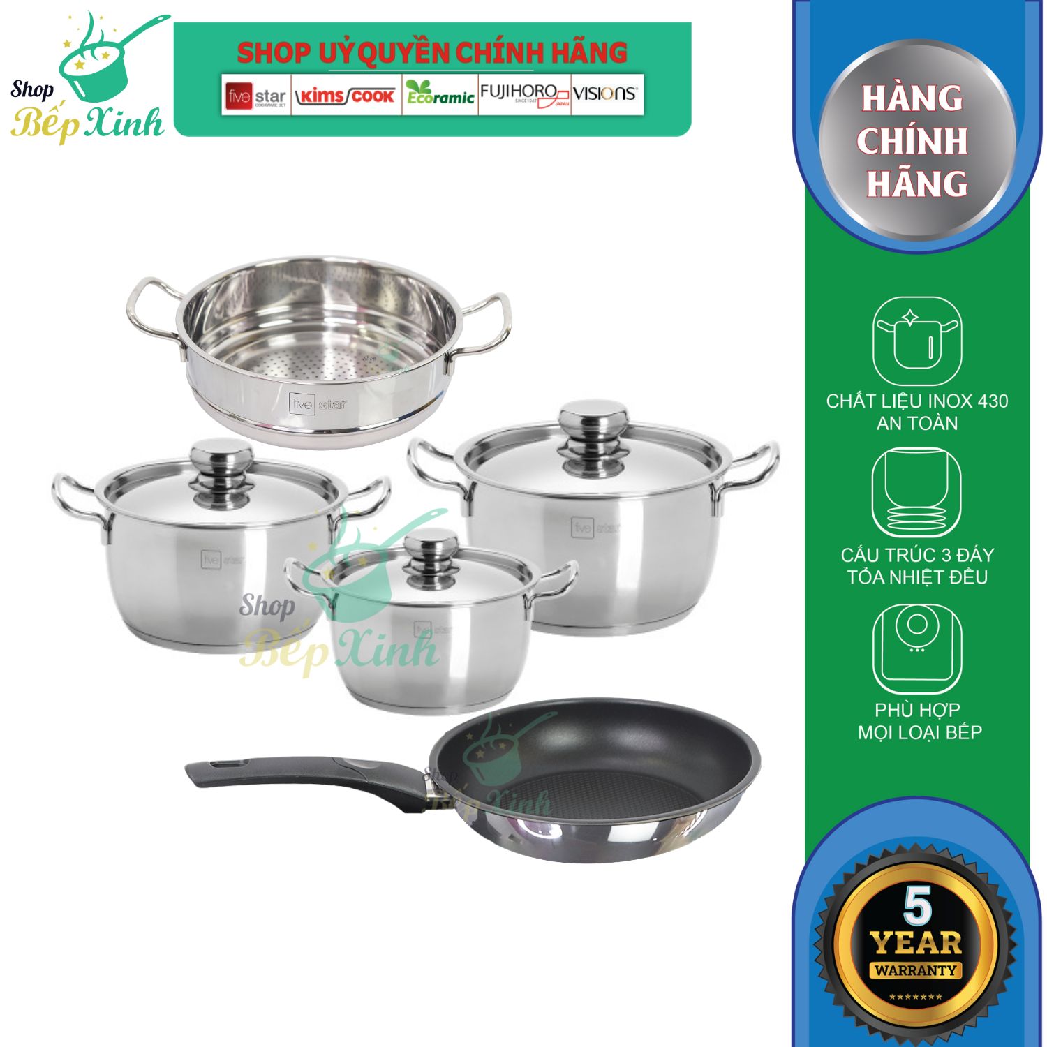 Bộ nồi inox cao cấp đáy từ Fivestar Standard 3 chiếc FS-B3010 ( 1 nồi 16cm x 1 nồi 20cm x 1 nồi 24cm ) , 3 đáy dùng được mọi bếp  - Shop Bếp Xinh