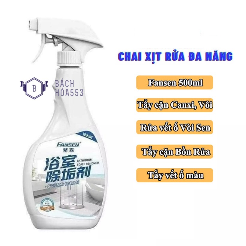 [Hoàn Tiền 10%] Chai xịt tẩy vệ sinh canxi nhà tắm Fansen 500ml - Xịt tẩy vệ sinh nhà tắm - Xịt tẩy cặn canxi nhà tắm - Xịt tẩy canxi vòi nước BH985