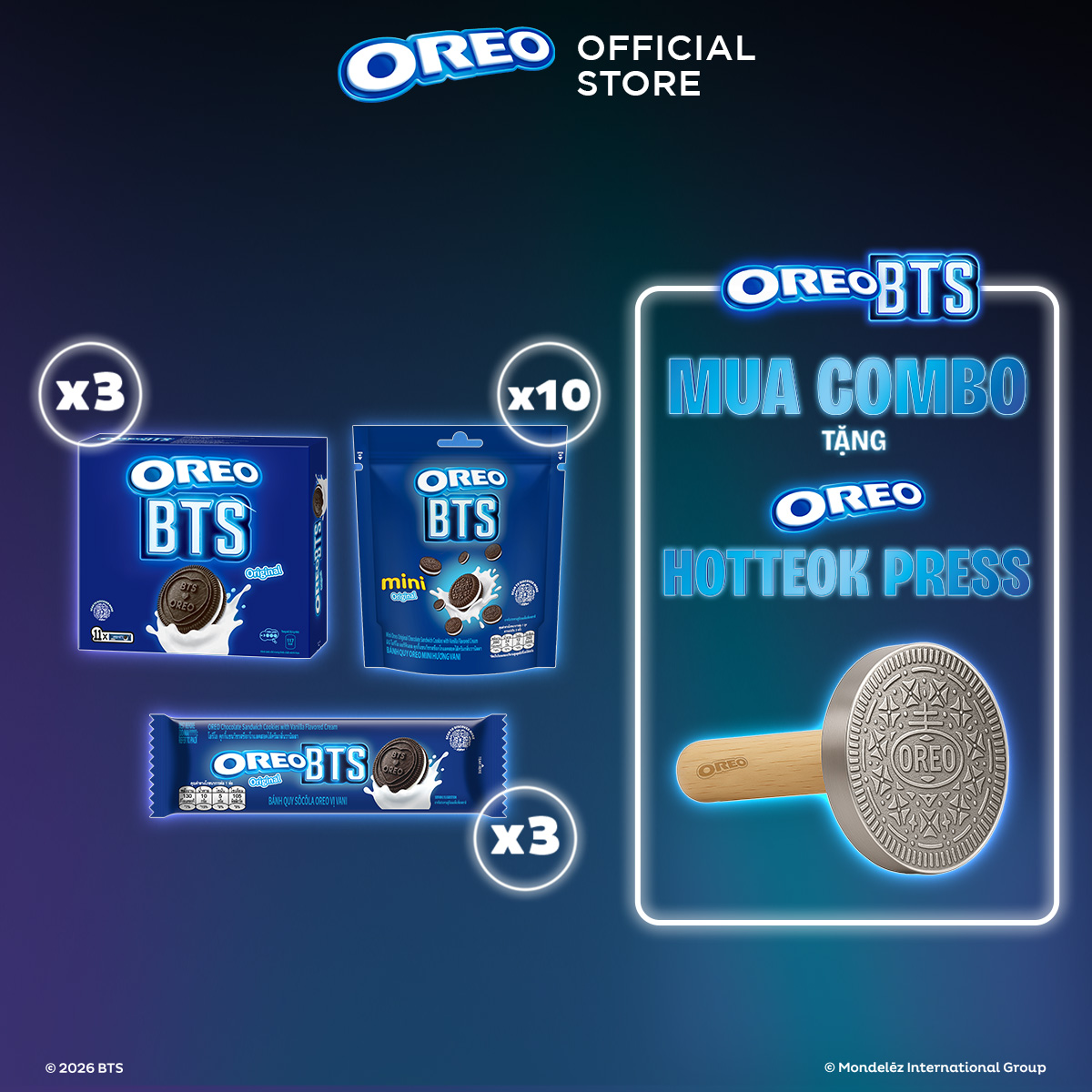 [Bao gồm dụng cụ ép bánh HOTEOK] OREO BTS Bánh Quy Sôcôla Vị Vani & Bánh Quy Mini Vị Vani (Combo 16)