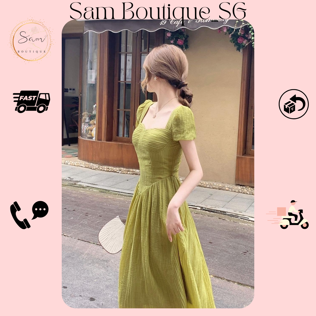 Đầm tiểu thư dáng dài cổ điển cổ vuông xoè chất đũi nhăn d24