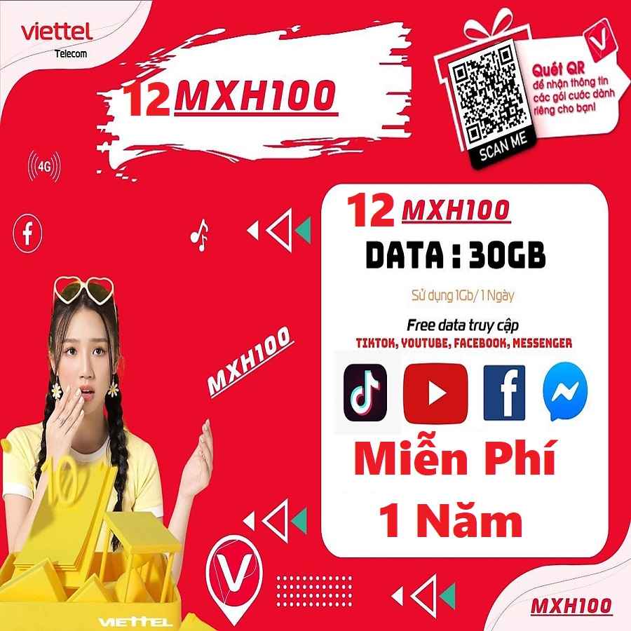 Sim 4G Viettel trọn gói 1 năm 12MXH100 KHÔNG GIỚI HẠN DATA truy cập tiktok facebook youtobe FREESHIP - CHƯA KÍCH HOẠT