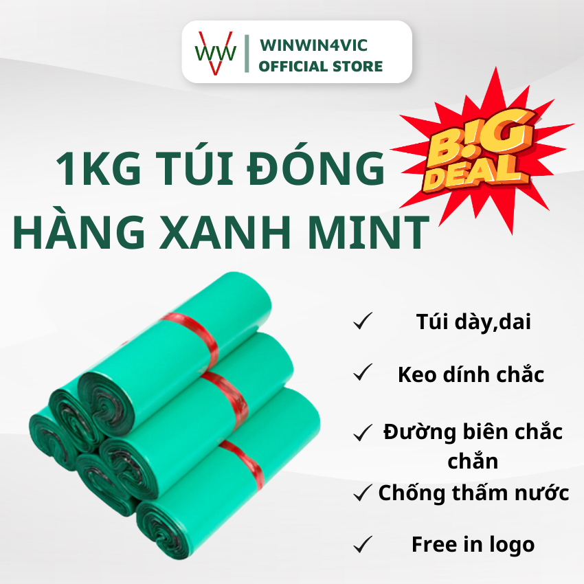 1kg túi xanh mint, túi đóng hàng niêm phong, túi đóng gói hàng niêm phong 3 lớp winwin4vic dính sẵn| in logo miễn phí