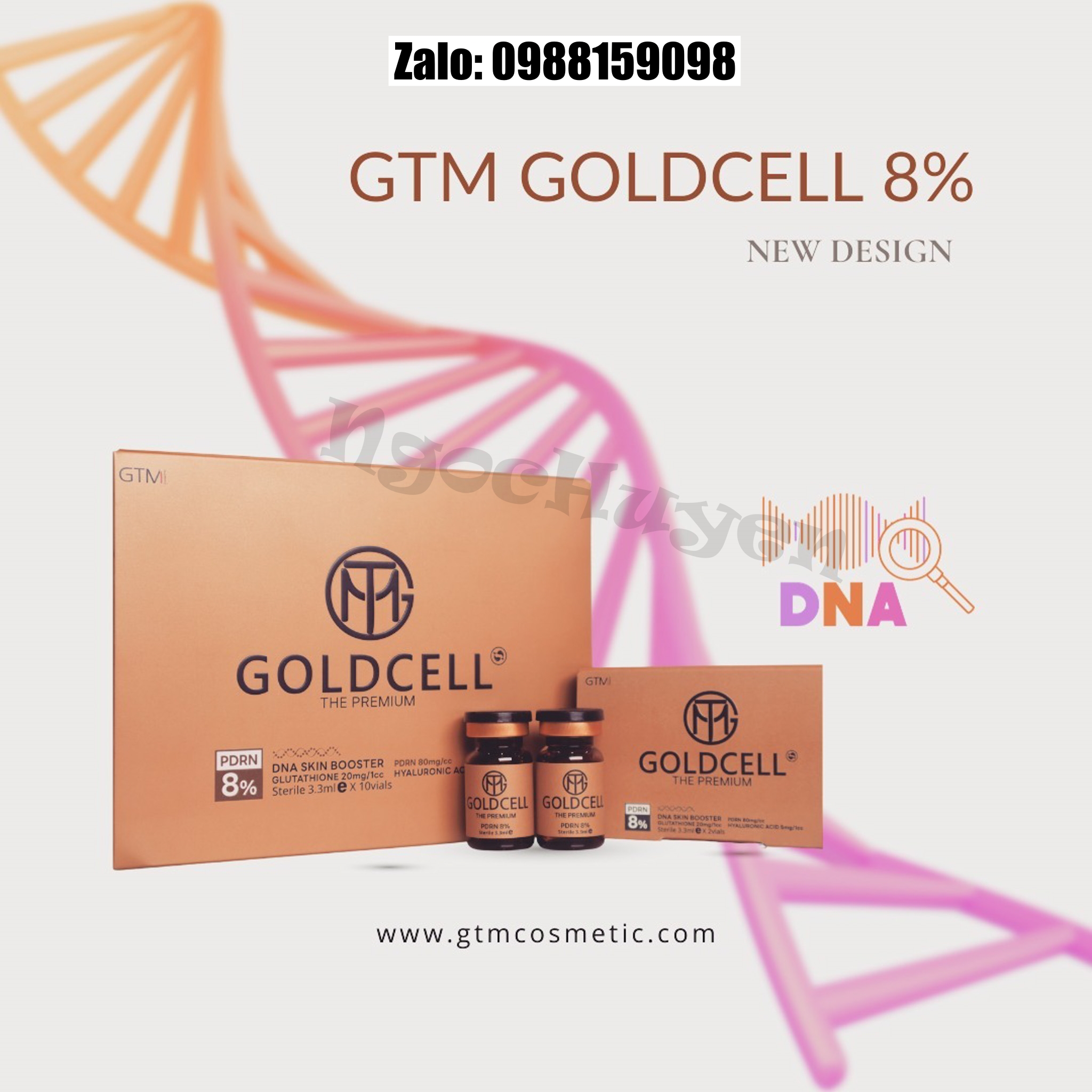 Tinh chất căng bóng da tiêm meso dna cá hồi gtm gold cell 8% - 1 hộp 10 lọ