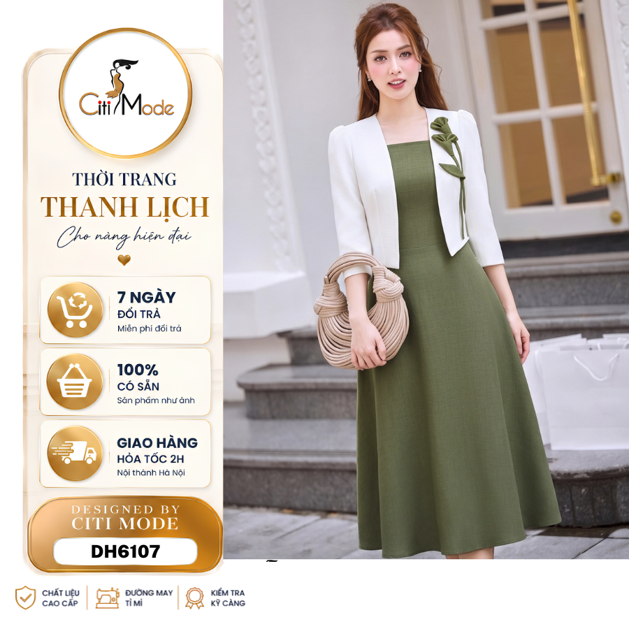 Citi Mode Fashion Office Dress Designed with a Faux Flared Dress in Moss Green and White, Square Neck and Short Sleeves Dh6107