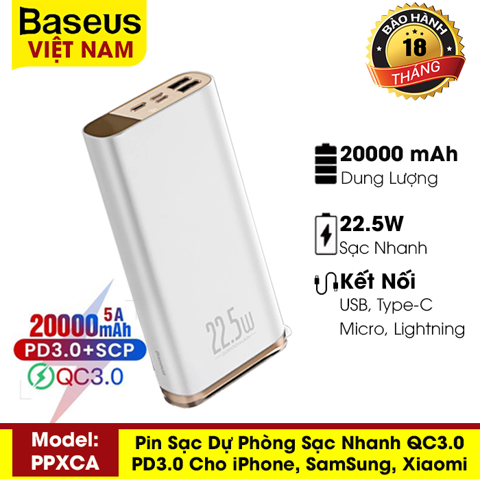 [BẢO HÀNH 18 THÁNG] Pin sạc dự phòng PPXCA 20000mAh - 22.5W Baseus sạc nhanh Quick Charge 3.0 cổng cho điện thoại Huawei Xiaomi iPhone