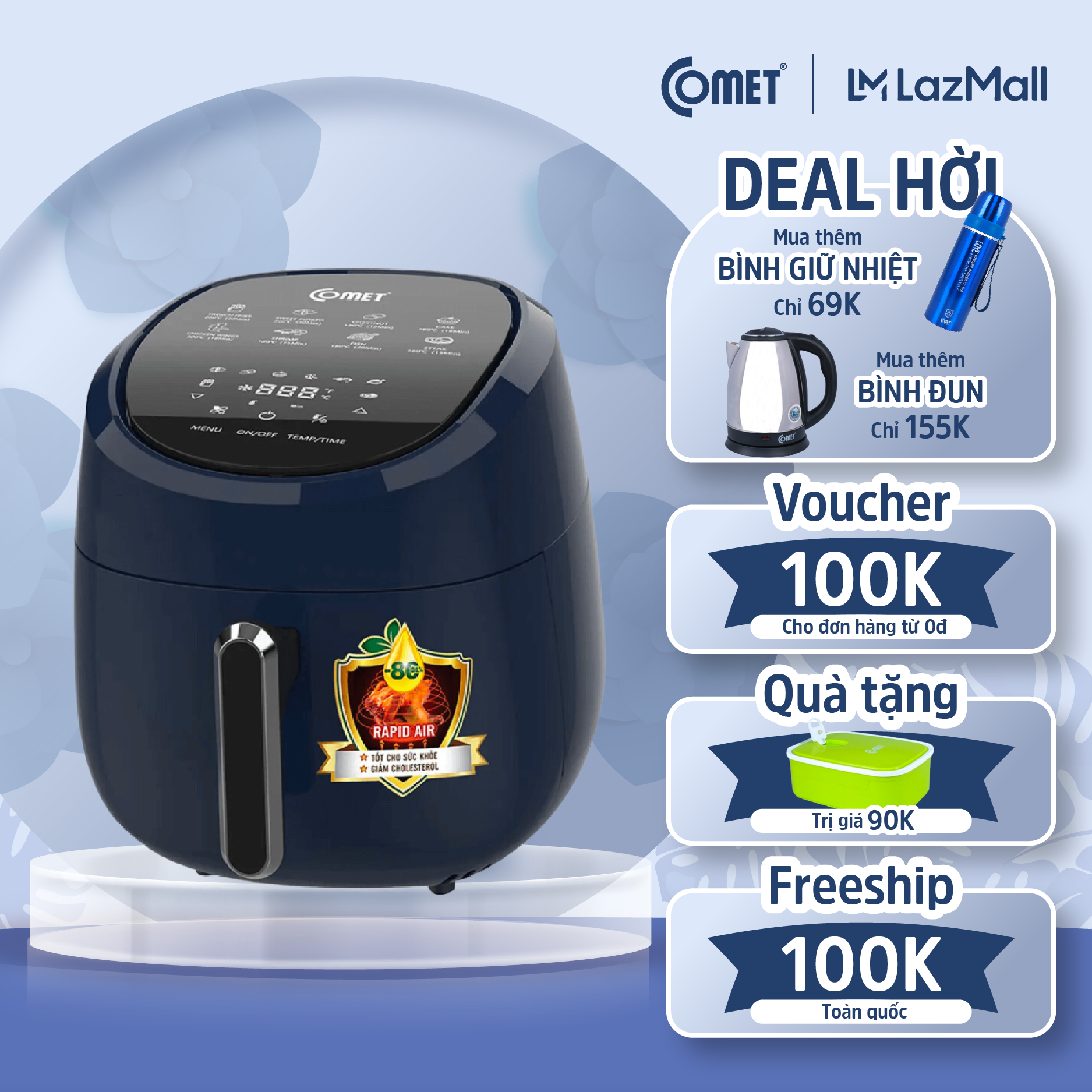Nồi chiên không dầu COMET CM6838 - Dung tích 4L - Công suất 1400W - Tỏa nhiệt đối lưu 360 độ, giảm 80% lượng mỡ, tiết kiệm điện và thời gian - Hàng chính hãng - Bảo hành 12 tháng