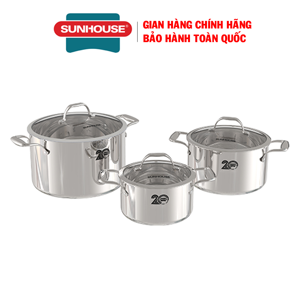 [Trả góp 0%] BỘ NỒI INOX 304 ĐA LỚP SUNHOUSE MAMA SHG2020 - Bộ nồi đáy liền - Nồi inox đáy liền - Bộ 3 nồi inox 304 - Bộ nồi inox chính hãng