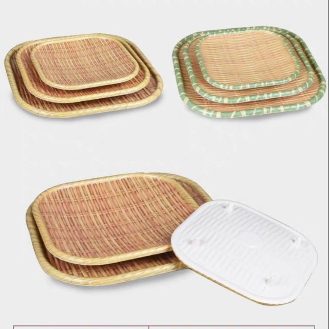 Dĩa 24cm nhựa melamine hoa văn mây đan , dĩa tre bamboo shaped plate