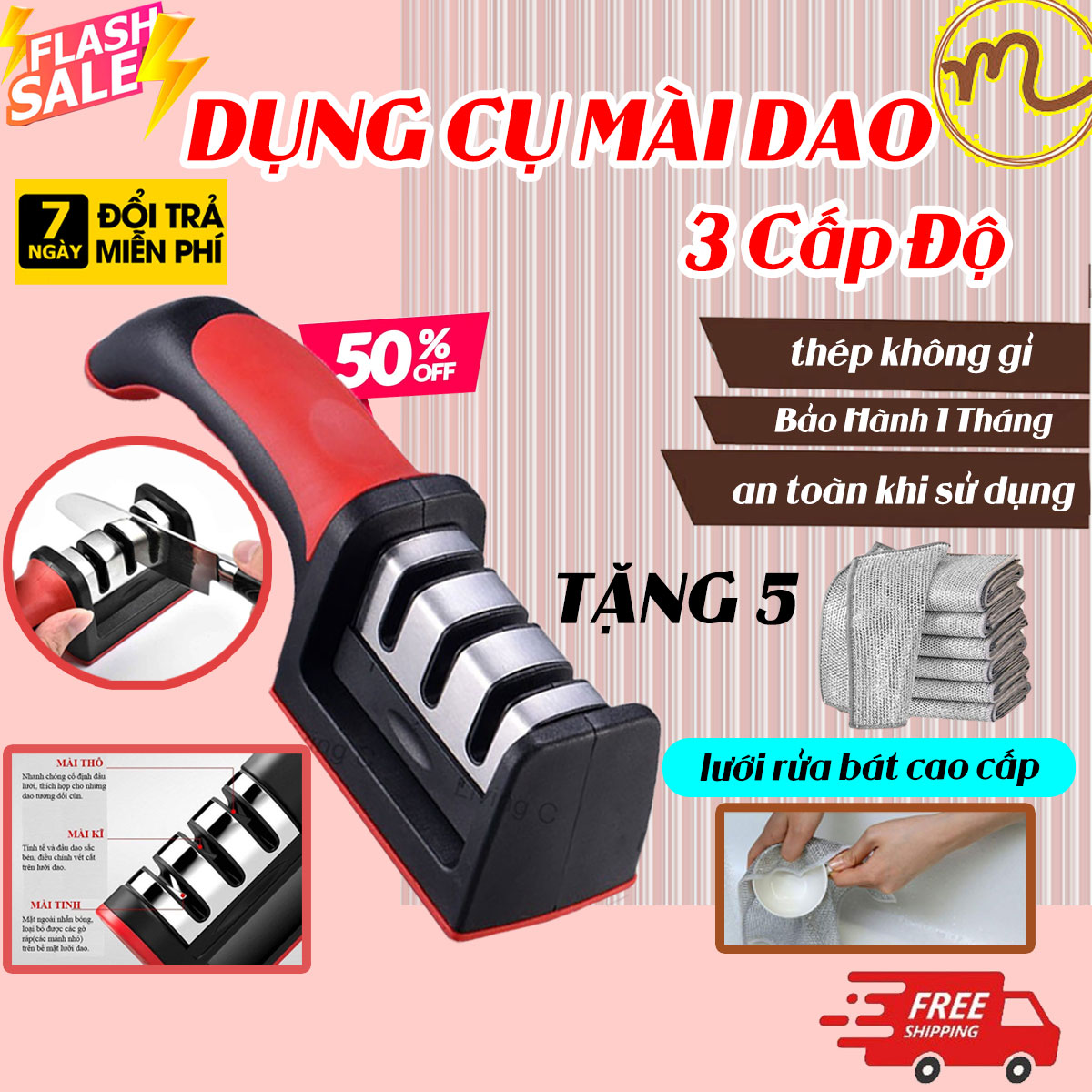 Dụng Cụ Mài Dao Kéo, Máy Mài Dao Đa Năng, Máy Mài Dao Có Tay Cầm Tiện Lợi, An Toàn Khi Sử Dụng Dụng Cụ Mài Dao 3 Rãnh Sắc Bén Mua Nhanh Tặng Ngay 5 Lưới Rửa Bát Bằng Dây Thép Cao Cấp Thế Hệ Mới.