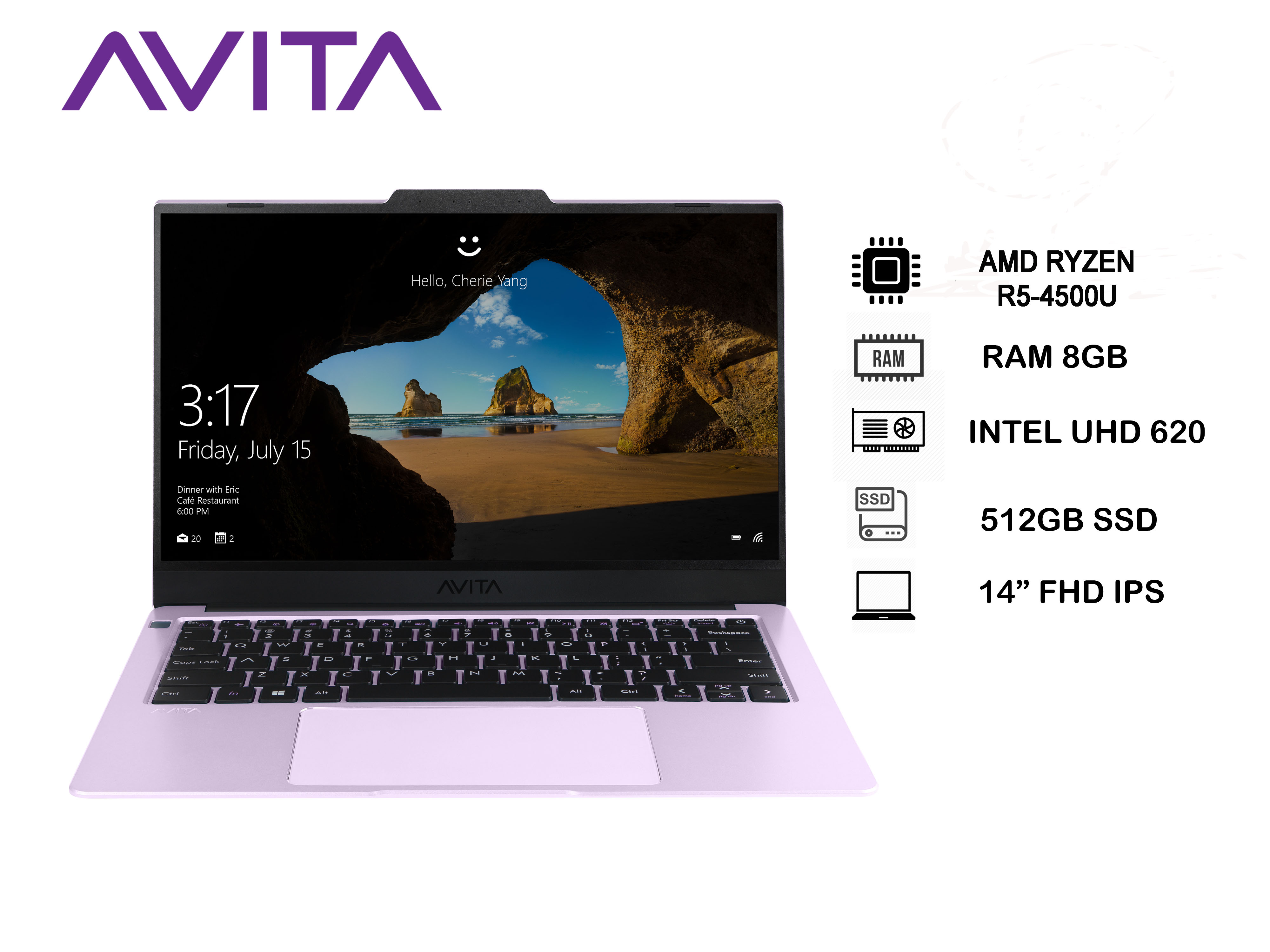 [Trả góp 0%]Laptop AVITA LIBER V14 màu tím tử đinh hương - AMD Ryzen™ R5-4500U / RAM 8GB /SSD 512GB/ Win 10 Home -  Bảo hành 18 tháng - Tặng Balo - Hàng chính hãng