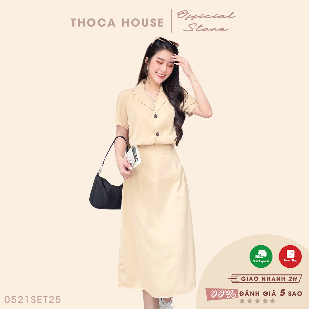 Set công sở thanh lịch áo cổ vest tay ngắn + chân váy midi trơn nude THOCA HOUSE