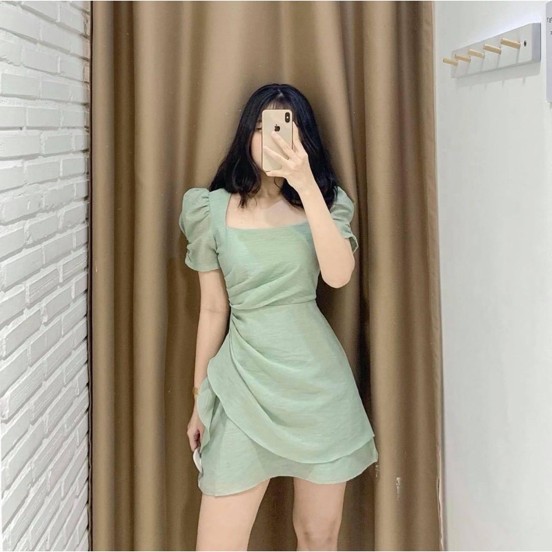 Đầm cổ vuông nhún eo oganza