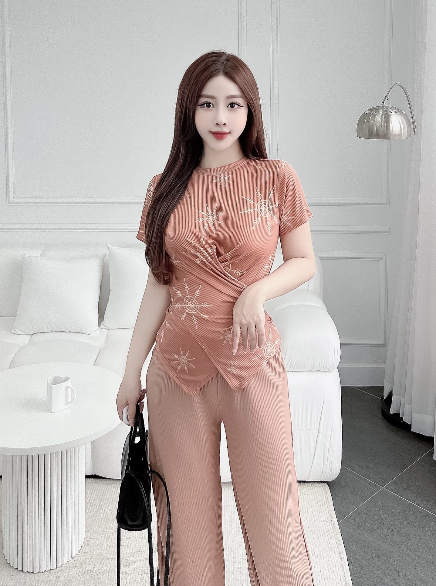 Set bộ nữ mặc nhà thun gân tăm lạnh quần dài ống suông