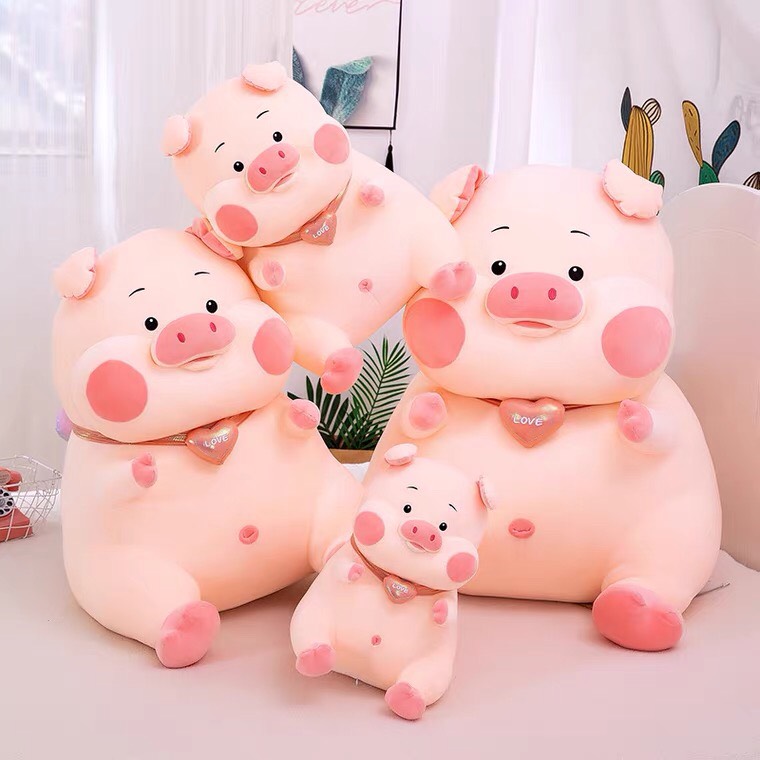 Thú bông heo ú nơ tim có cánh lông mịn ngồi