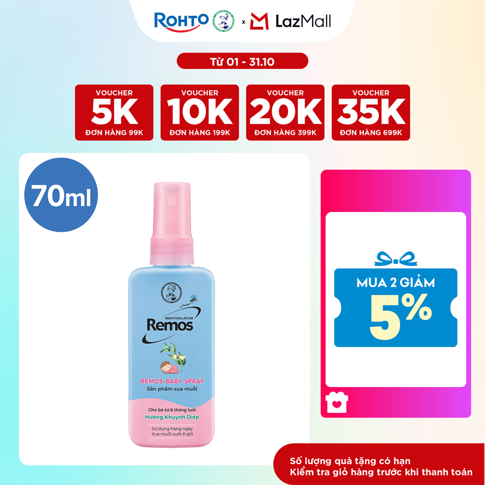 Xịt chống muỗi cho bé từ 6 tháng tuổi hương khuynh diệp Rohto Mentholatum Remos Baby Spray 70ml