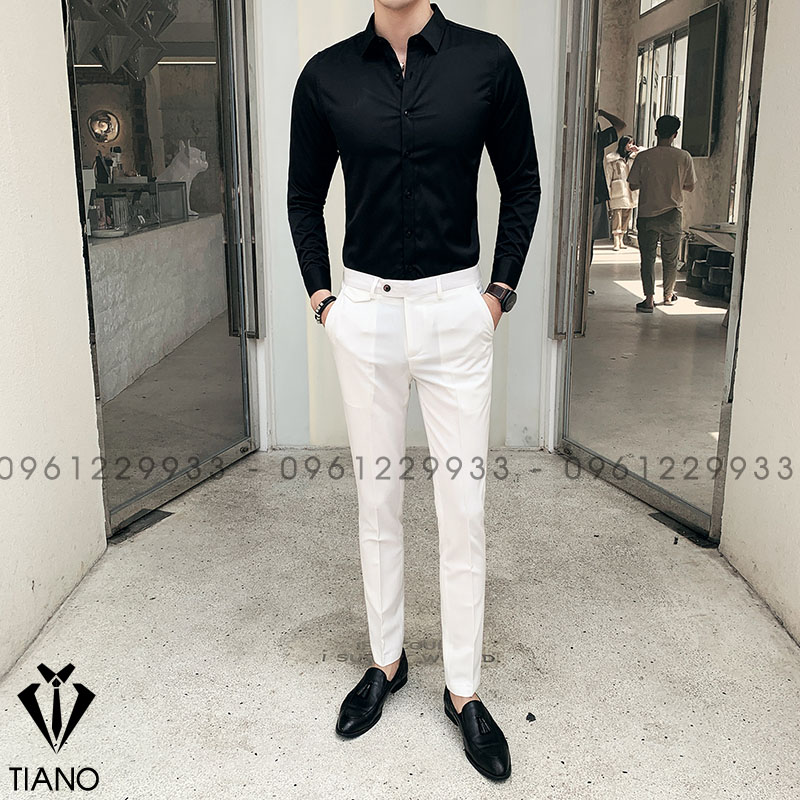 Áo sơ mi cao cấp - Chất vải nến dày dặn, co giãn nhẹ. 2 màu đen - trắng