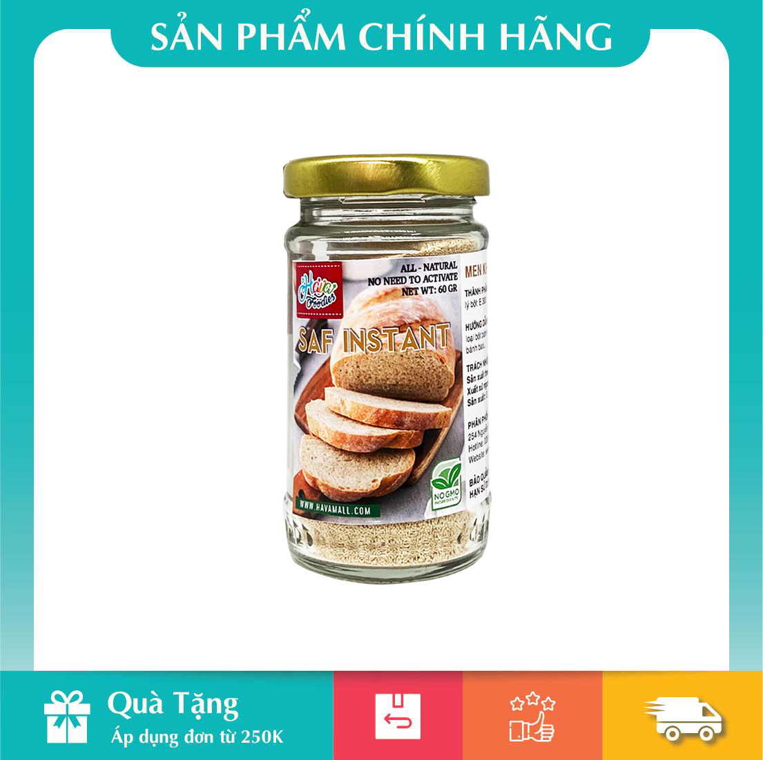 Men khô bánh ngọt hiệu saf instant vàng lọ thủy tinh 60gr
