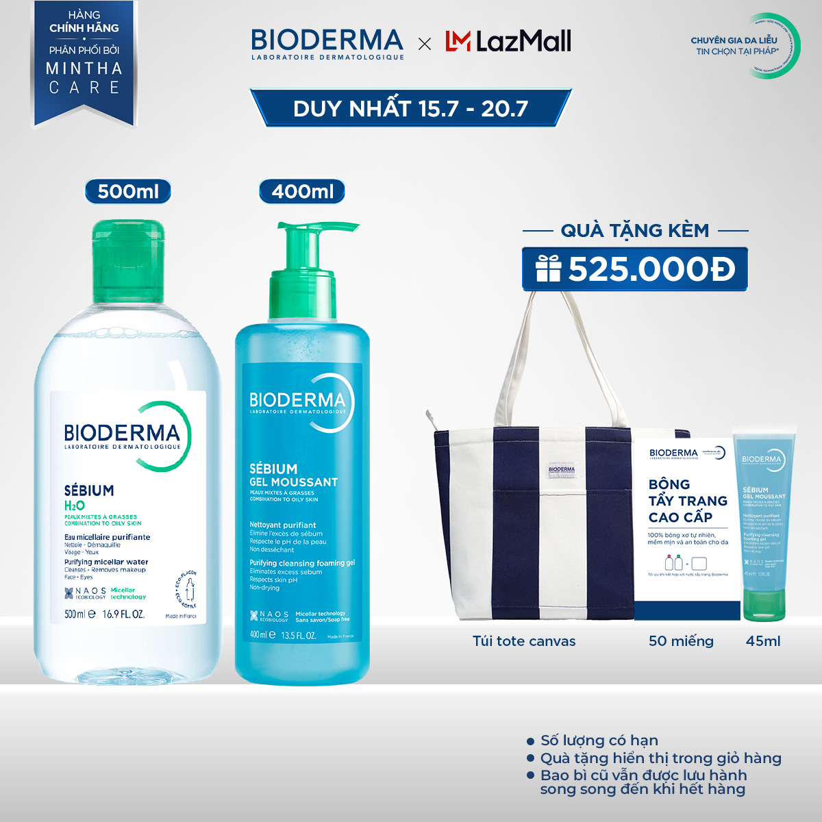 Bộ nước tẩy trang và làm sạch cho da dầu mụn Bioderma Sebium H2O 500ml và Gel rửa mặt 400ml