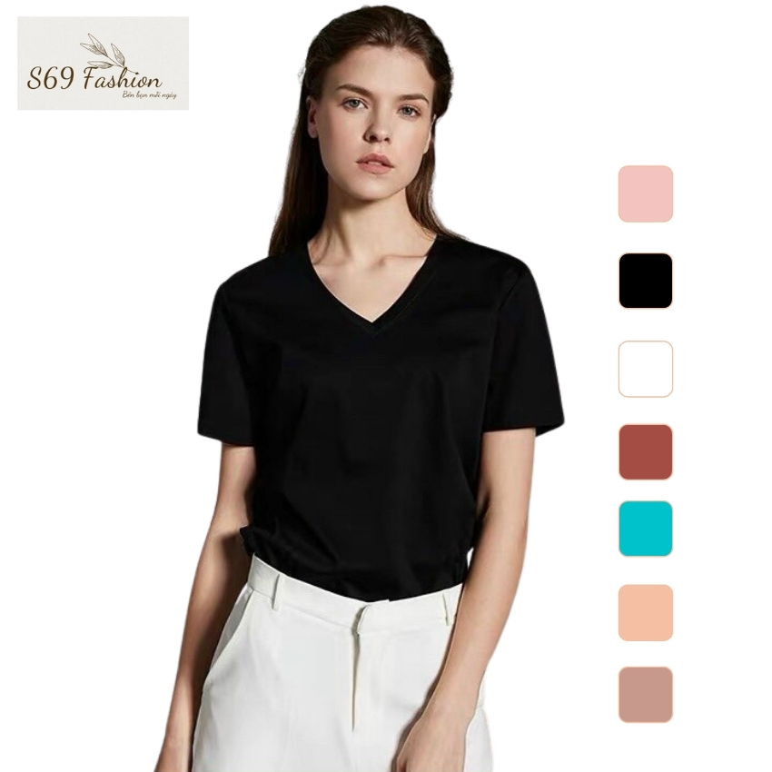 Áo thun nữ S69 Fashion cộc tay cổ tim dáng suông phông trơn vải cotton co giãn tốt