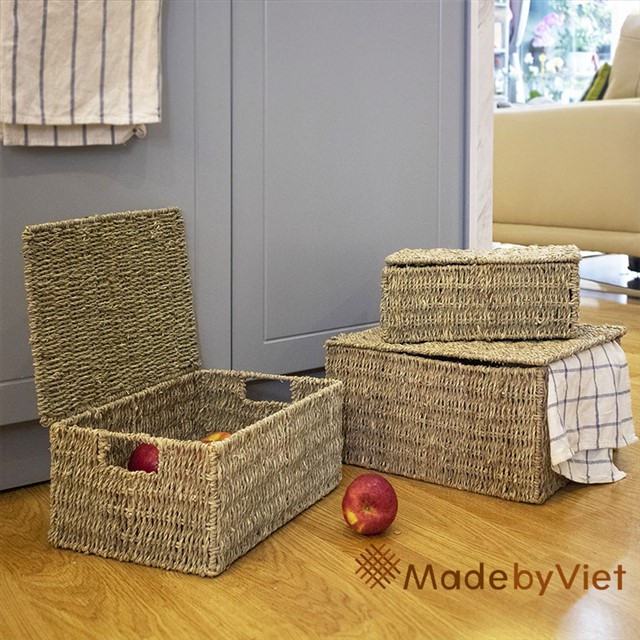 Hộp đựng đồ đa năng size L  MadebyViet {QÙA TẶNG 12K: 2 ống hút tre} Cói tự nhiên, Khung sắt Dùng đựng đồ ăn, đựng hoa quả,bánh kẹo đựng khăn trong phòng tắm hay phòng thay đồ, đựng đồ chơi trẻ em!HOT ở Mỹ và Châu Âu!