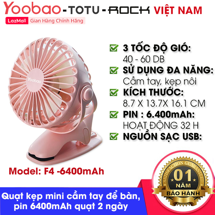 Quạt mini - quạt tích điện - quạt kẹp  Yoobao Y- F04 pin siêu bền dùng thoải mái 2 ngày liền với 4 Cấp  ( Pin siêu khủng 6400mAh cho thời gian dùng từ 15-32 giờ)