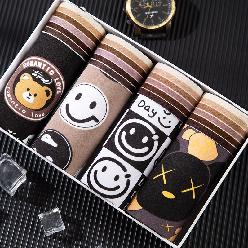 Quần Lót Hoạt hình Nam Cotton Boxer 50-100kg S-086 - Hộp 4 Quần Sịp Hình Gấu Hổ