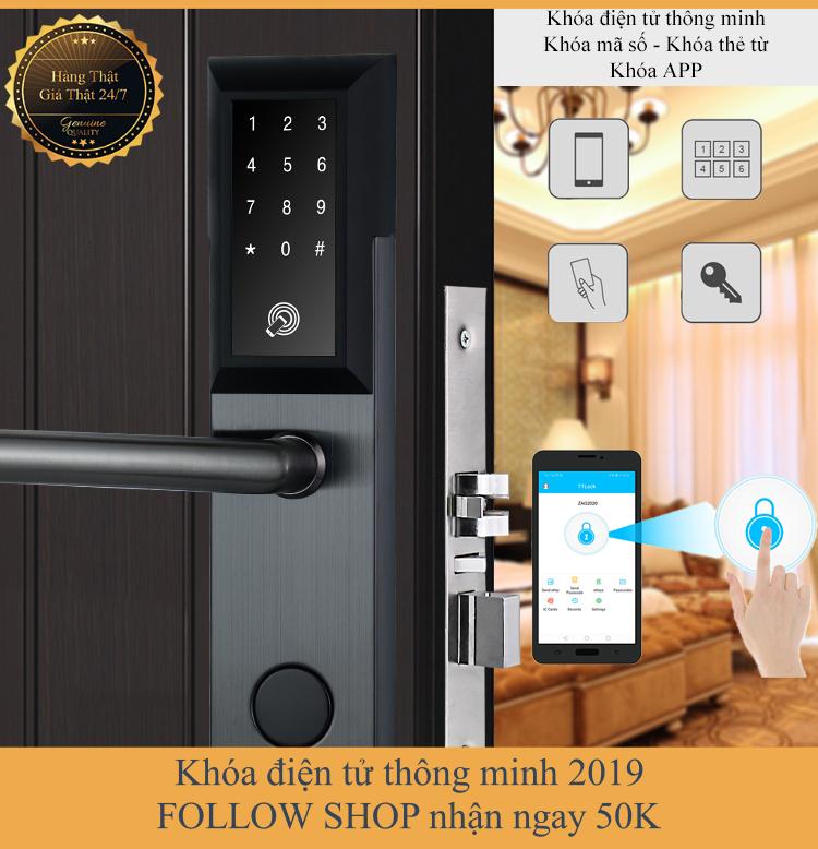 [APP iOS/Android tiếng Việt] Khóa cửa điện tử thông minh khóa chống trộm dùng APP- Khóa thẻ từ, Khóa mã số Khóa cơ- Kết nối Bluetooth - Bảo hành 12 tháng - Hỗ trợ lắp đặt và cài đặt - Mở bên phải