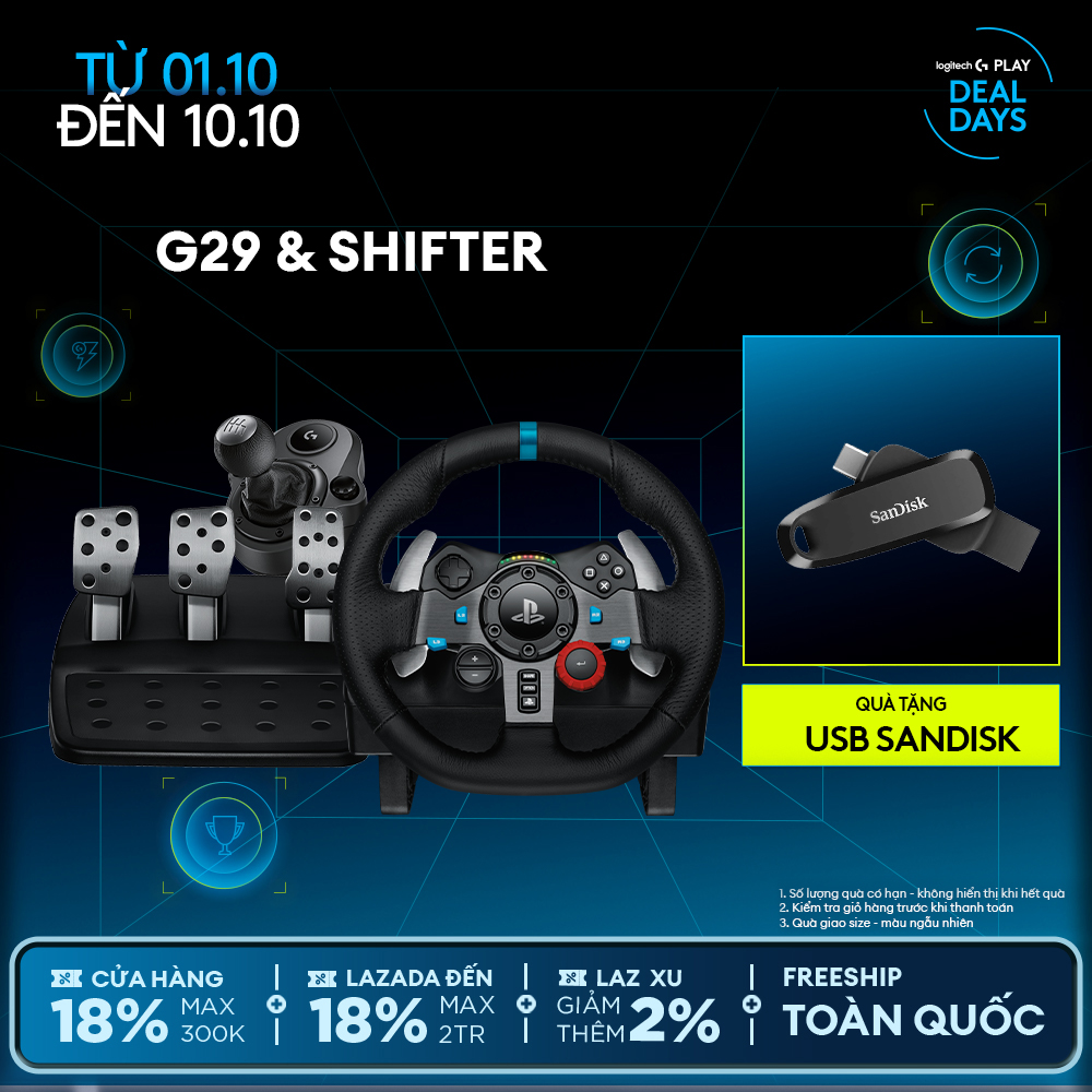 Vô lăng đua xe Logitech G29 Driving Force và bàn đạp thép không gỉ, tay lái bọc da thủ công, phù hợp PS5, PS4, PC, Mac
