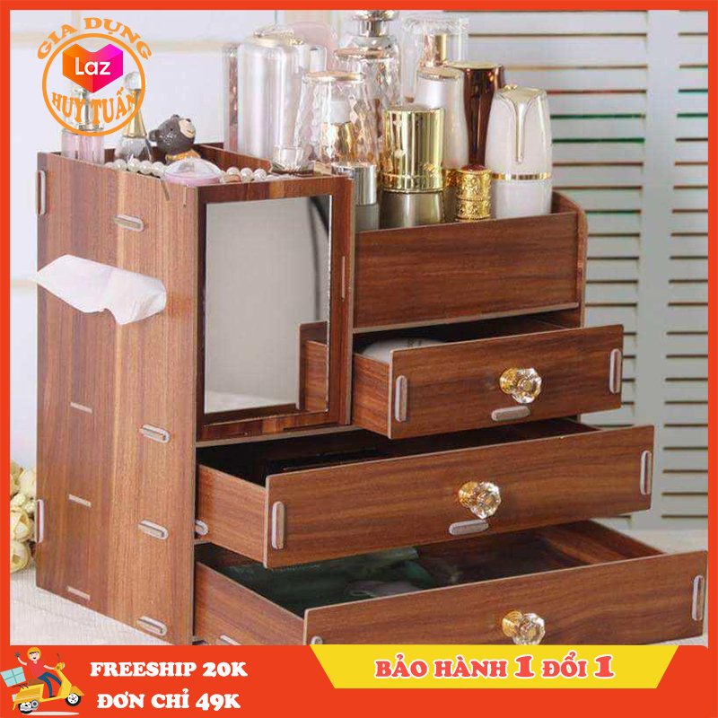Kệ để mỹ phẩm 4 tầng bằng gỗ có gương, tủ để mỹ phẩm bằng gỗ có gươg, ngăn kéo có tay nắm, Kệ gỗ mỹ phẩm cao cấp có gương 4 tầng đa năng, Huy Tuân