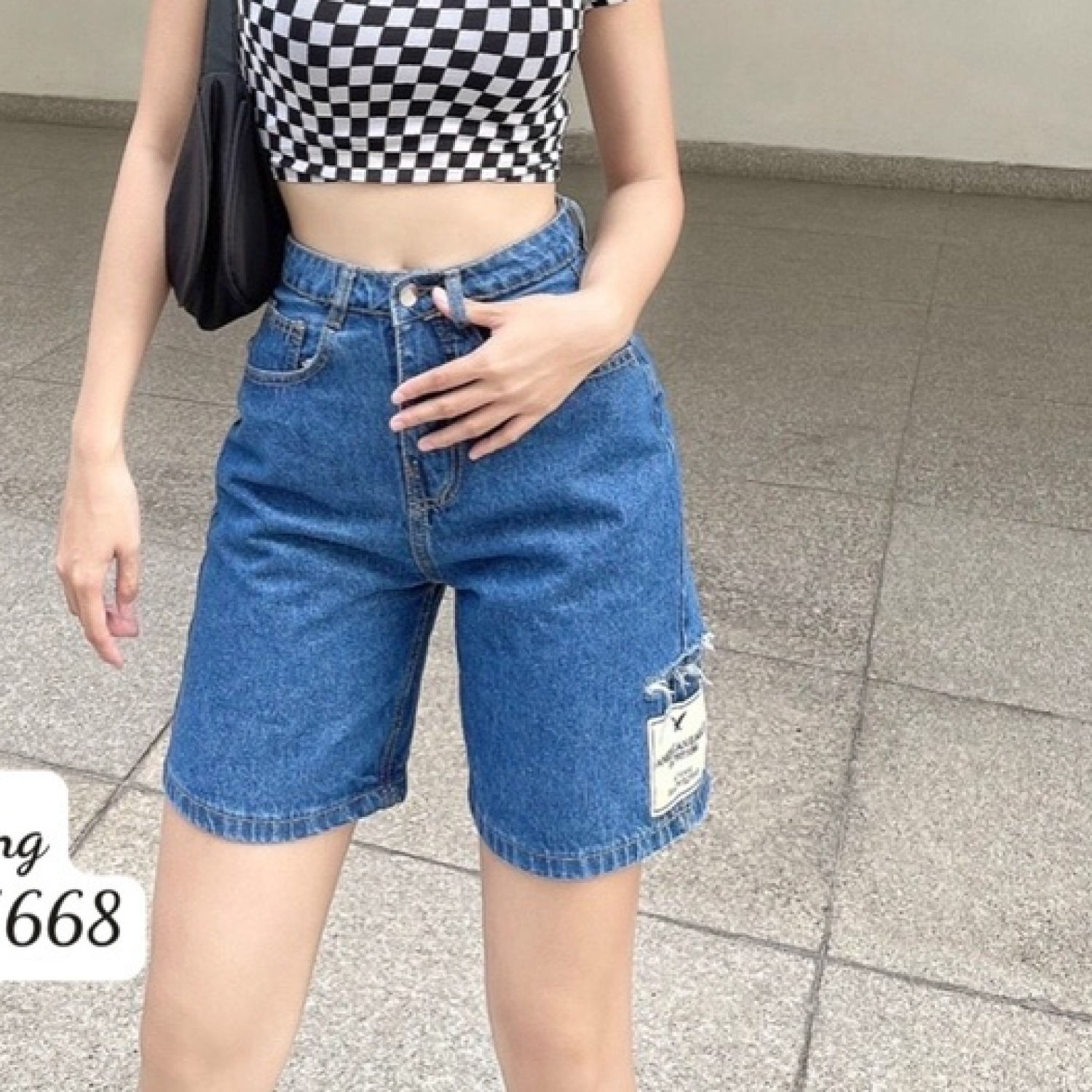 Quần ngố nữ, Quần sort jean thêu logo chất cotton có size đại