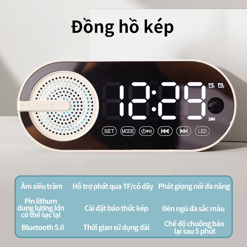 Loa Bluetooth Kiêm Đồng Hồ G10 Mặt Gương Hiển Thị Đèn Led - Đài FM - Đồng Hồ Báo Thức-Giao hàng nhanh