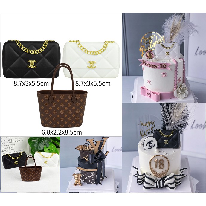 Phụ kiện trang trí bánh sinh nhật, bánh kem, topper cake - Túi xách nhựa đen, trắng, nâu