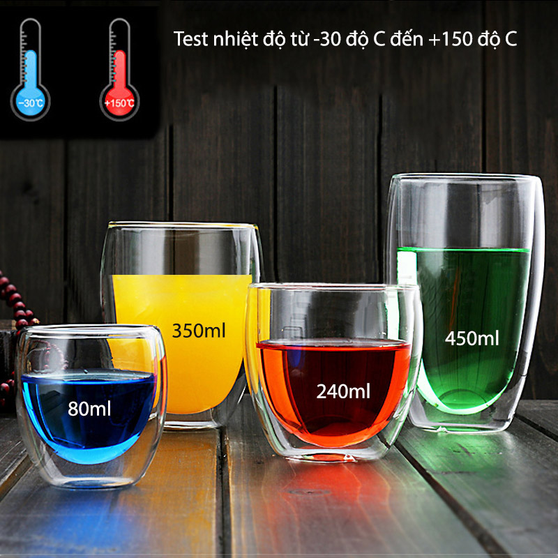 Ly cốc thủy tinh 2 lớp giữ nhiệt, cách nhiệt uống trà và cafe loại 80ml-240ml-350ml-450ml-650ml tùy chọn (không có nắp)