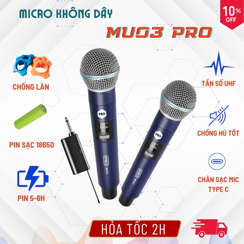 Bộ micro không dây pin sạc ontekco mu03 , mu03 pro, mu23 ,mu24 chống hú cao cấp đa năng dùng cho mọi âm ly, loa kéo, vang...