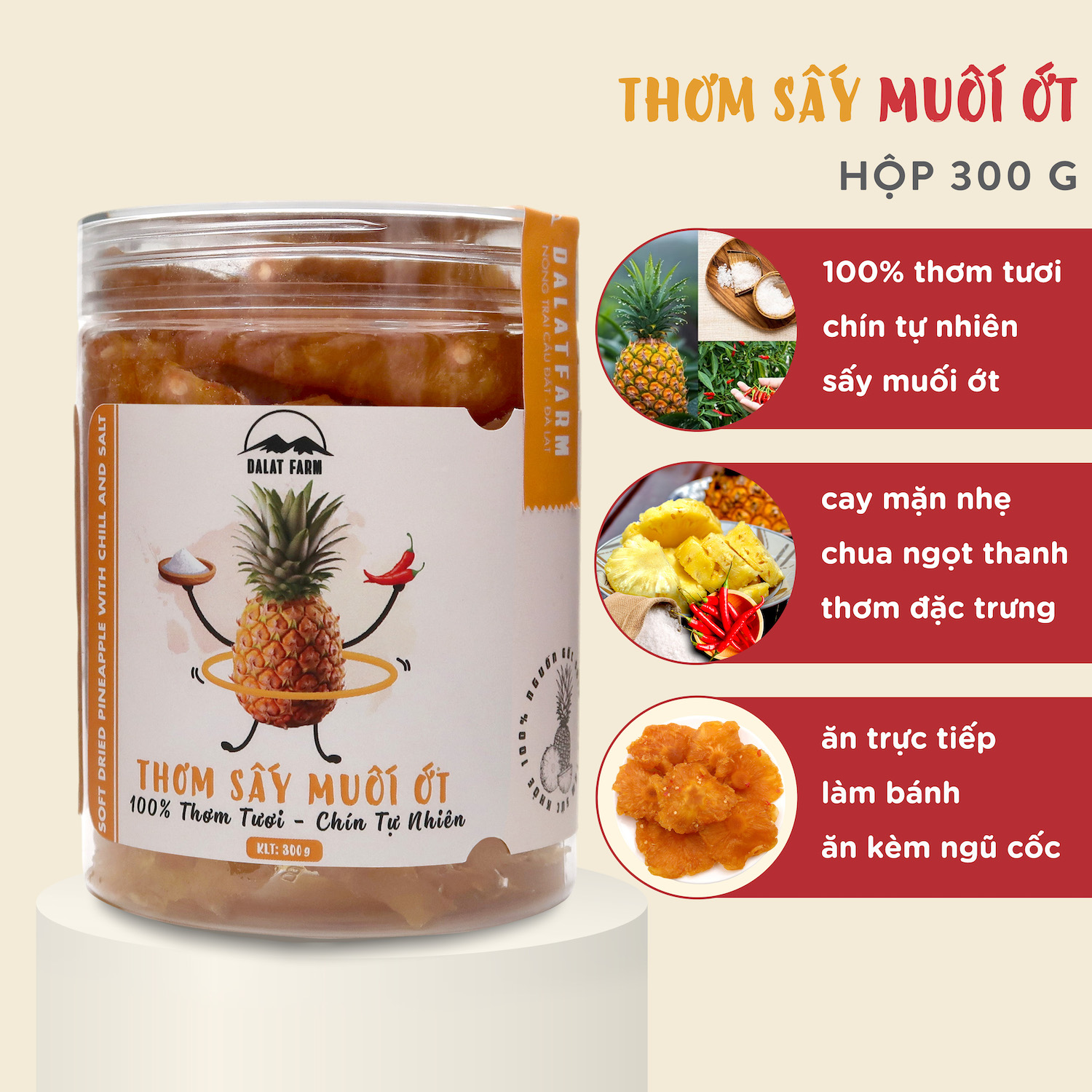 Thơm sấy muối ớt dalat farm - hộp 300g