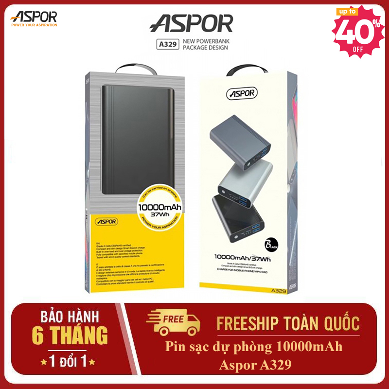 ASPOR A329 - 2 USB - Pin sạc dự phòng 10.000Mah -Có đèn LED bào dung lượng Pin - Sạc dự phòng dung lượng cao vỏ nhôm nguyên khối sạc cho xiaomi iphone samsung - Hàng chính hãng